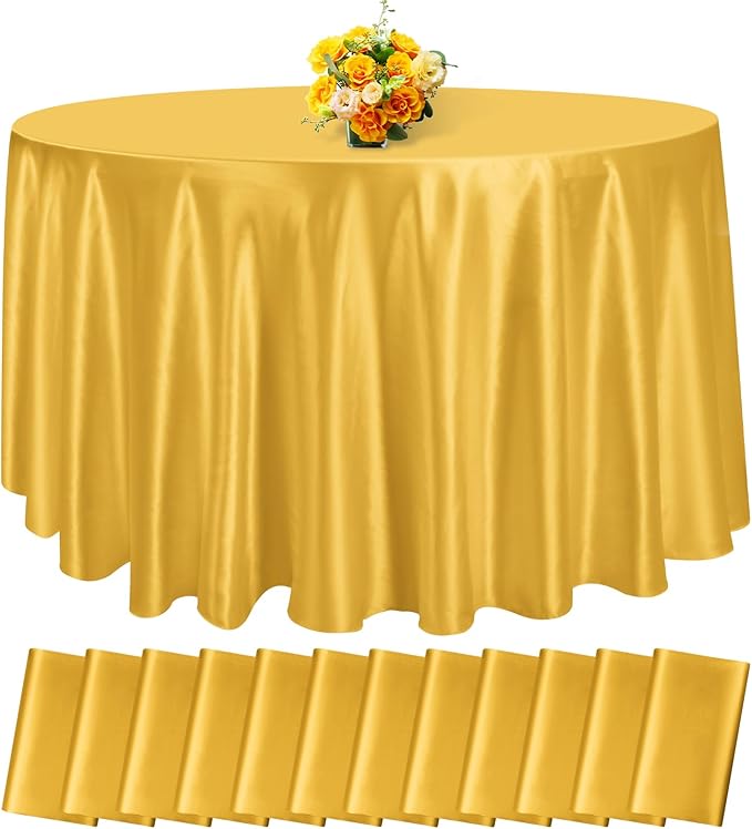12 Pack 120 Inch Gold Satin Tablecloth - Premium Bright Silky Round Tablecloth Overlay Smooth Fabric Table Cover, Table Decoration for Wedding Party Banquet Events Restaurant Kitchen Dining