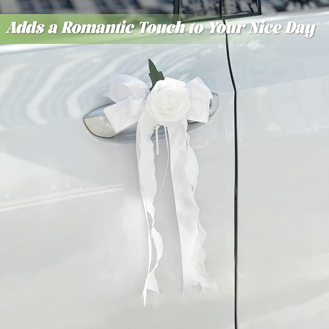 6PCS Wedding Car Door Handle Flowers, White Artificial Cars Rearview Mirror Bouquet Flower Bowknot Ribbon Decors, Just Married Automotive Decoration Accessories for Door Handles and Rearview Mirrors