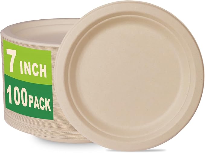 GreenWorks 100 Count 7“ Heavy-duty Compostable Plates, Unbleached Biodegradable Bagasse and Bamboo fiber Paper Plates