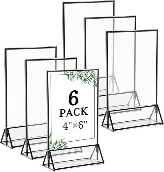 Floroom 6 Pack 4x6 Inch Clear Acrylic Sign Holders, Double-Sided Black Display Stand Picture Frames for Table Numbers, Menus, Flyers, Weddings, and Offices