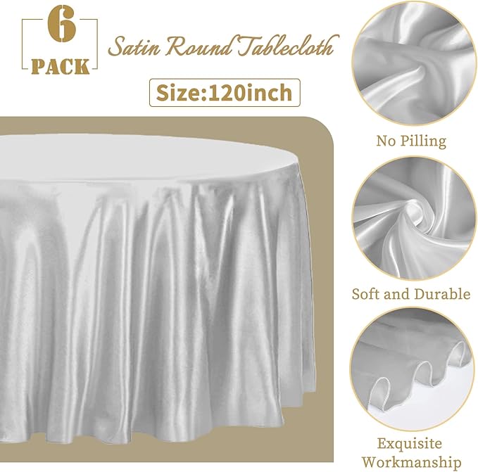 fani 6 Pack 120 Inch Sliver Round Tablecloth - Premium Silky Satin Tablecloth Overlay Smooth Fabric Table Cover Linens, Table Decoration for Wedding Party Banquet Events Restaurant Kitchen Dining