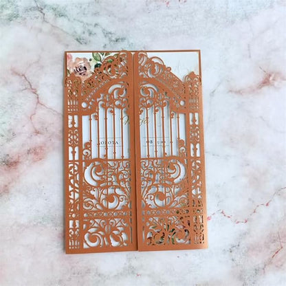 MillaSaw Bronze Fence Laser Cut Invitation Cards Pocket With Envelope For Wedding Engagement Birthday Cocktail Party 25 Sets (bronzed, 5.1"x7.1")