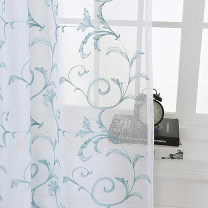 Embroidered Floral Sheer Curtains Blue 63 Inch , Rod Pocket Voile Drapes for Living room, Bedroom, Vintage Embroidery Semi Crinkle Curtain Panels for Yard, Patio, Villa, Parlor, Set of 2, 52"x 63".