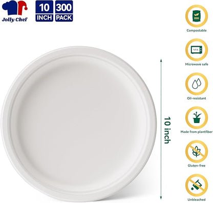 JOLLY CHEF Compostable Heavy Duty Plates 𝟭𝟬 𝗜𝗻𝗰𝗵 [𝟯𝟬𝟬 𝗣𝗮𝗰𝗸] Eco-Friendly Disposable White Paper Plates Made of Bagasse Biodegradable Bulk for Party Dinner Sugarcane Fibers Round 300 Count