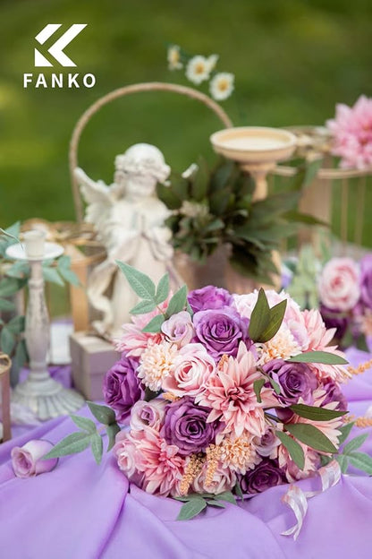 FANKO Rose Artificial Flowers Combo for DIY, Fake Purple Rose Artificial Silk Flowers with Greenery, Real Looking Artificial Faux Flowers for Wedding, Table Decoration, Centerpieces, Party, Home Décor
