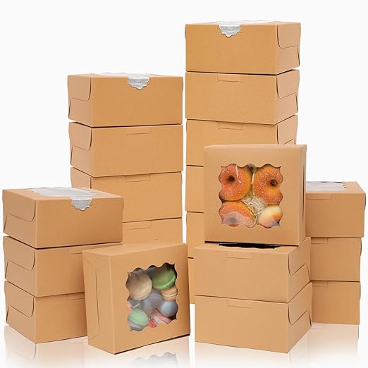 Bakepacker 60pcs Kraft Bakery Boxes with Window 6x6x3 inches Thick & Sturdy Macaroon Pastry Boxes Cookie Boxes for Bakerys