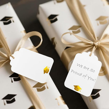100Pcs Blank Gift Tags with String Foil Gold Grad Cap Large White Paper Gift Tags with 65 Ft Jute Twine for Congrats Grad Congratulations Graduation Party