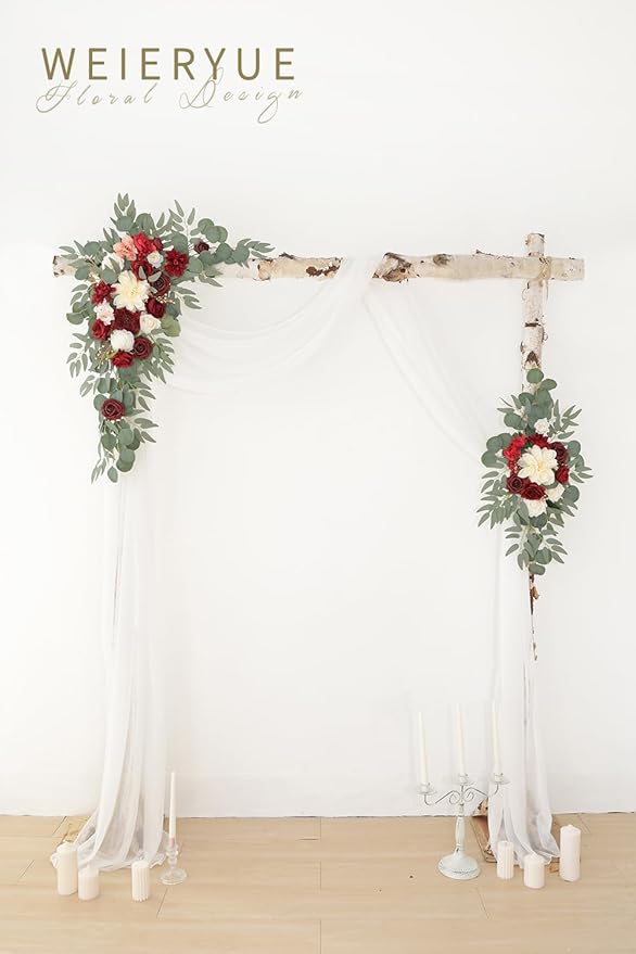 Artificial Wedding Arch Flowers Kit(Pack of 3),2Pcs Artificial Flower Arch Decor,1Pcs Sheer Drape for Wedding Ceremony Arbor for WeddingCeremony (Burgundy Wedding)