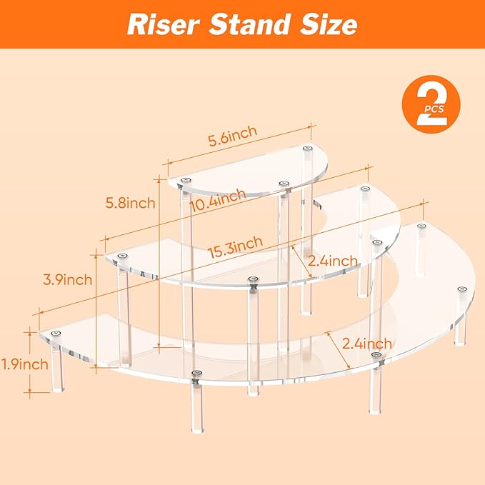 3 Tier Acrylic Display Risers 2 Pack, Half Moon Cupcake Stand, Clear Perfume Organizer, Dessert Stand for Display, Clear Display Stand for Food, Cupcake, Perfume, Collections
