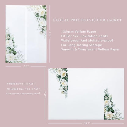 PONATIA 50 PCS Vellum Jackets for 5x7 Invitations- 135gsm White Floral Printed Vellum Sleeves, Quinceanera Wedding Invitation Cards Wraps, Green Flower Transparent Jacket