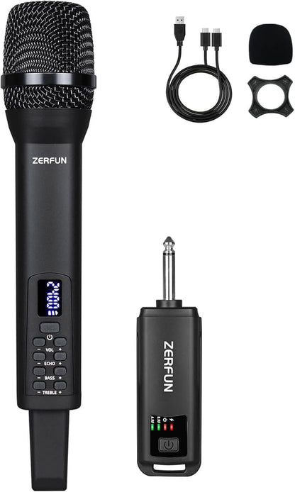 Rechargeable Wireless Microphone, Pro Handheld Cordless Mic System with Echo Treble BASS VOL Control for Karaoke Singing Church Party, 1/4'' Output, Black