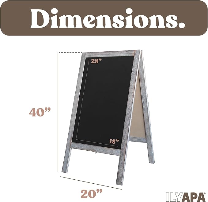 Ilyapa Wooden A-Frame Sign with Eraser & Chalk - 40 x 20 Inches Magnetic Sidewalk Chalkboard – Grey Menu Display for Restaurant, Business or Wedding