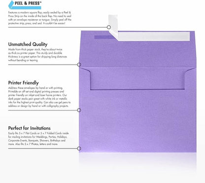 LUXPaper A7 Invitation Envelopes | Peel & Press | 5 1/4" x 7 1/4" | Amethyst Metallic | 80lb. Text | 500 Qty