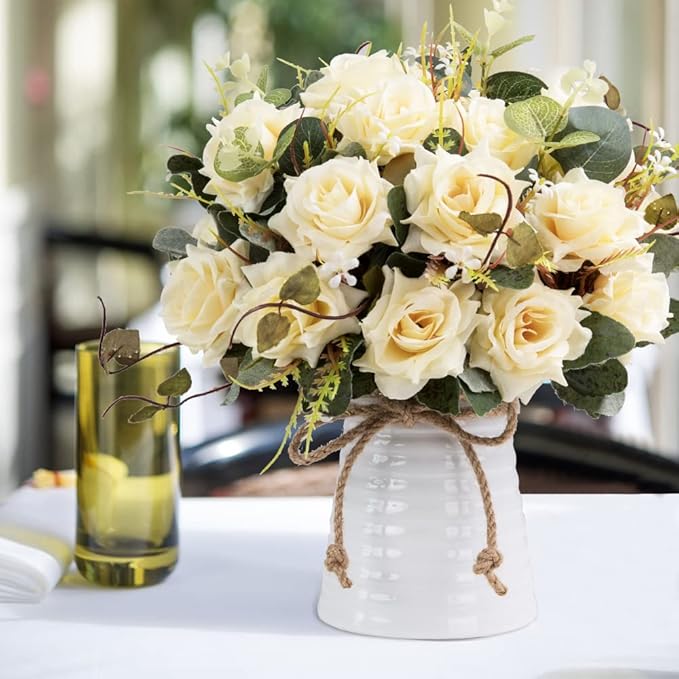 LESING Artificial Rose with Vase, Fake Silk Flowers Bouquets in Vase Table Centerpiece Arrangement for Kitchen Living Room(Champagne-1)