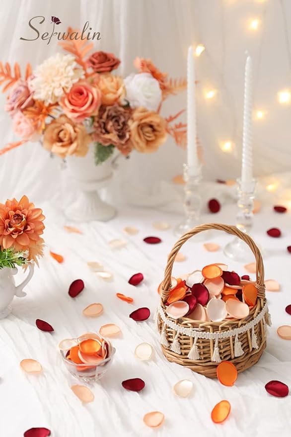Serwalin 500Pcs Silk Rose Petals Flower Petals for Weddings Burgundy Gold White Petals Fake Orange Petals for Aisle Flower Girl Basket Bridal Shower Table Decor (4 Color Mixes)