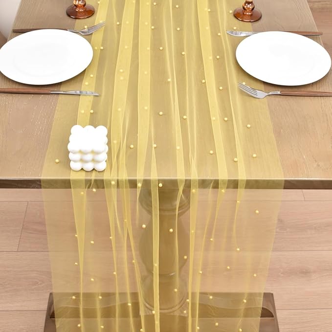 Joanlody Fall Pearl Table Runner 10ft Rustic Boho Tulle Table Runner with Pearls for Baby Shower Wedding Party Veil Dessert Thanksgiving Table Decor Yellow