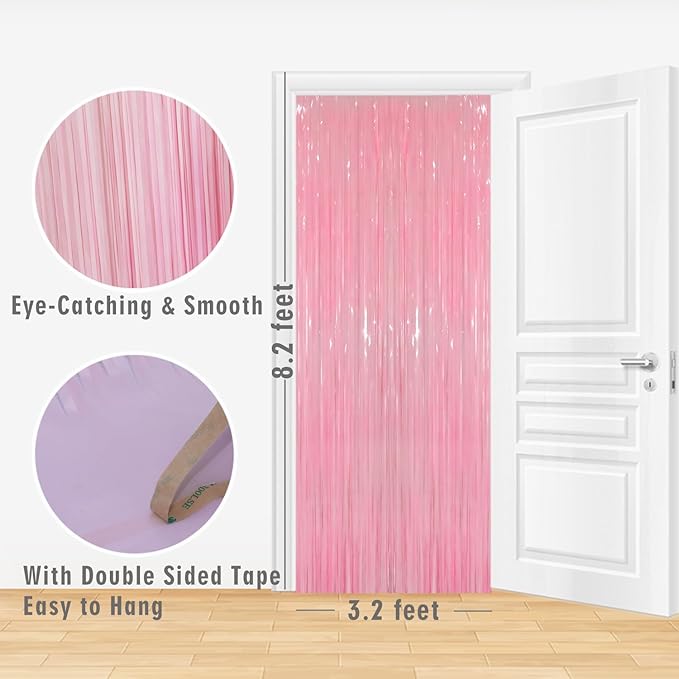 GOER 3.2 ft x 8.2 ft Metallic Tinsel Foil Fringe Curtains Party Photo Backdrop Party Streamers for Birthday,Graduation,New Year Eve Decorations Wedding Decor(3 Packs,Candy Pink)