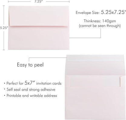 PONATIA 50 PCS 5x7 Envelopes, Blush Pink Self- Adhesive A7 Envelopes for Weddings, Invitation Cards, Photos, Postcards, Greeting Cards Mailing, Baby Shower, Graduation, Christmas Gift Cards