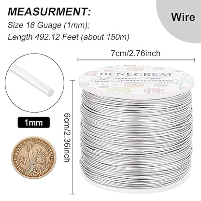 BENECREAT 12 17 18 Guage Aluminum Wire (18 Gauge,492 FT) Anodized Jewelry Craft Making Beading Floral Colored Aluminum Craft Wire - Silver