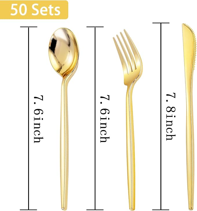 PULOTE 150PCS Gold Plastic Silverware Disposable - Heavy Duty Gold Plastic Cutlery - Gold Plastic Utensils Set Include 50 Knives,50 Forks,50 Spoons for Party&Wedding
