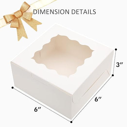 Bakepacker 100pcs White Bakery Boxes with Window 6x6x3 inches Thick & Sturdy Macaroon Pastry & Cookie Boxes