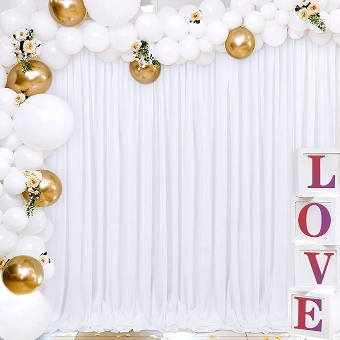 Joydeco White Backdrop Curtains for Parties, Photography Backdrop Drapes for Wedding Decorations Birthday, Wrinkle Free Polyester 5ft x 8ft Fabric Drape 2 Panels with Rod Pockets