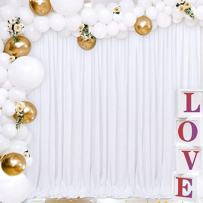 Joydeco White Backdrop Curtains for Parties, Photography Backdrop Drapes for Wedding Decorations Birthday, Wrinkle Free Polyester 5ft x 8ft Fabric Drape 2 Panels with Rod Pockets