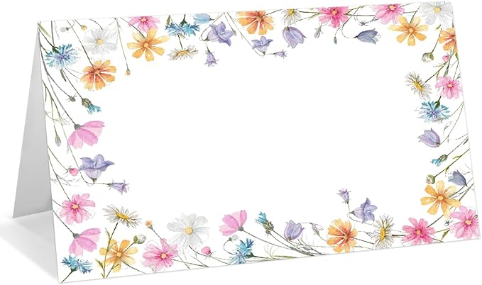 25 Pack Wildflowers Place Cards, Editable Name Cards for Table Setting, Tent Cards Food Label for Dinner Party, Bridal Shower, Wedding, Baby Shower and Events -T07