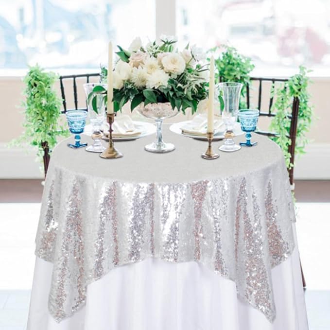 ShinyBeauty Silver Tablecloths 36X36 Inch 2 Pieces Sequin Table Cloth for Party Sparkle Table Cloths Square Small Grey Shimmer TableclothOverlay for Wedding Birthday Cake Tables