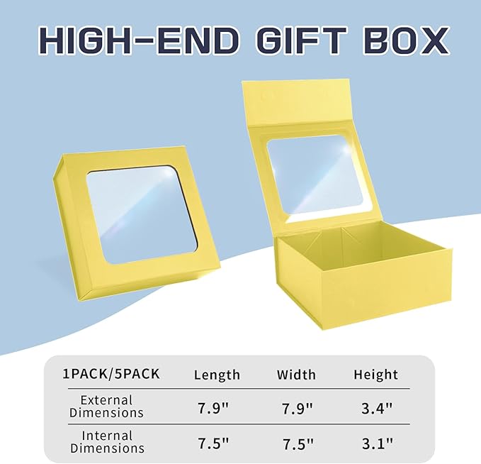 Gold Gift Boxes with Window,7.5"x7.5"x3.1" Bridesmaid Boxe for Gift Giving,Birthday Gift Box with Magnetic,Closure Lid Gift Boxes for Presents,Cute Boxe,Luxury for Gift Packaging,Gift Box for Wrapping Gifts