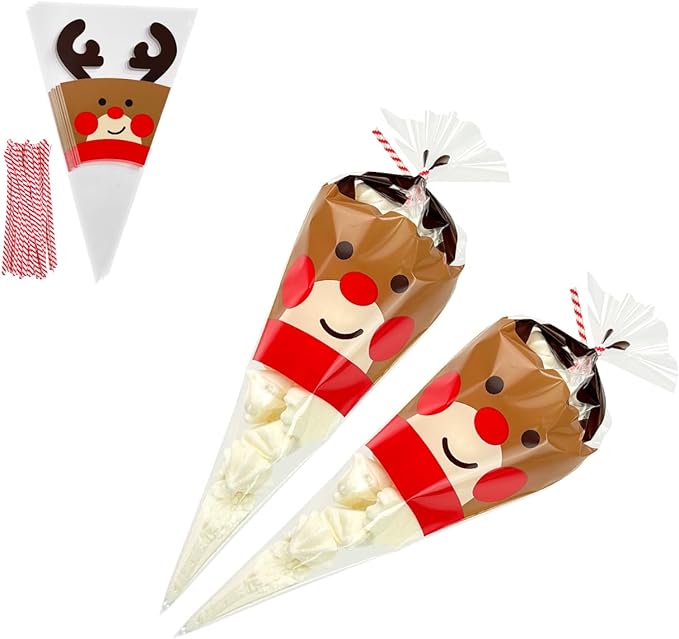 EKAPACKAGING 50Pcs 6x10 Inches Reindeer Print Cone Shaped Treat Bags with Ties, Christmas Clear Cellophane Bags, Party Favor Bags for Popcorn, Cookies, Cotton Candy, Gift, and Pretzel Rod