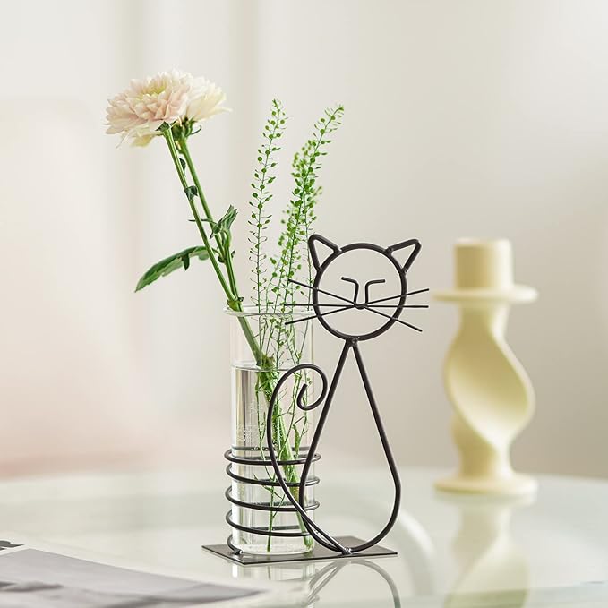 Marbrasse Desktop Glass Planter Hydroponics Vase,Planter Bulb Vase with Holder for Home Decoration,Modern Creative Cat Plant Terrarium Stand, Scindapsus Container (Lovely Cat)