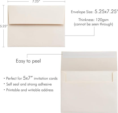 PONATIA 50 PCS 5x7 Envelopes, Self- Adhesive Cream A7 Envelopes for Weddings, Invitation Cards, Photos, Postcards, Greeting Cards Mailing, Baby Shower, Graduation, Christmas Gift Cards