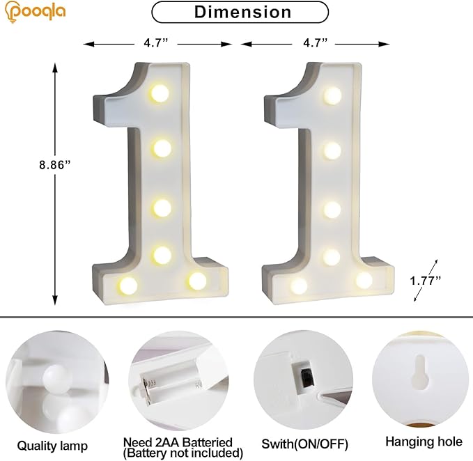 Pooqla Decorative LED Light Up Number Letters, White Plastic Marquee Number Lights Sign for Birthday Party Wedding Decor, Battery Operated (11)