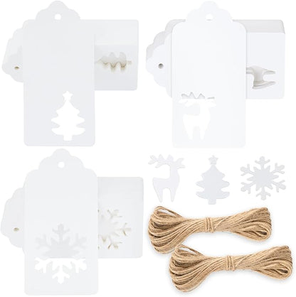 jijAcraft Christmas Gift Tags - 150Pcs Christmas Tags with String, Blank White Paper Hollow Trees, Rudolph, Snowflake Shapes Holiday Labels for Xmas Party Favors, DIY Crafts, Jar