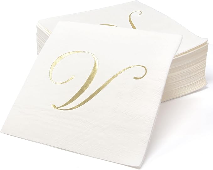 Gift Boutique 100 Gold Monogram Cocktail, Letter V Disposable Paper Pack Elegant Metallic Golden Foil Hand Napkin for Powder Room Wedding Holiday Birthday Party Baby Shower Decorative Towels