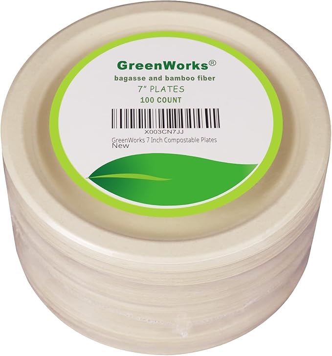 GreenWorks 100 Count 7“ Heavy-duty Compostable Plates, Unbleached Biodegradable Bagasse and Bamboo fiber Paper Plates