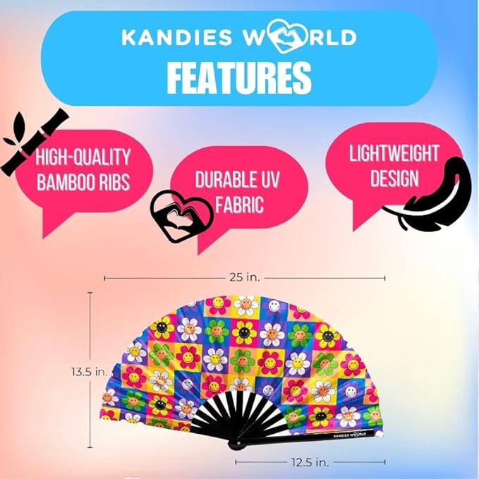 Kandies World Custom Festival Folding Hand Fan - Unique Designs, Made of Bamboo, Clacking Sound, Lightweight - Perfect Rave and Festival Accessory!