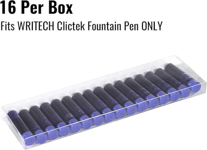 WRITECH Blue Ink Cartridge Set: 16 Ink Cartridges Clictek Fountain Pens