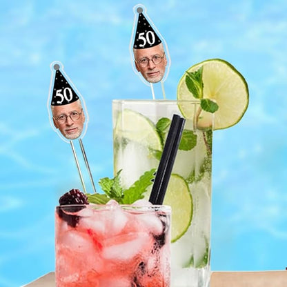 50 Pcs Personalized 50th To 90th Birthday Drink Stirrers With Photo Face, Custom Photo Cutout Stir Stick, 60th 70th 80th Birthday Party Decorations, Decor For Retirement, Graduation Parties