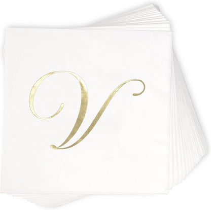 Gift Boutique 100 Gold Monogram Cocktail, Letter V Disposable Paper Pack Elegant Metallic Golden Foil Hand Napkin for Powder Room Wedding Holiday Birthday Party Baby Shower Decorative Towels