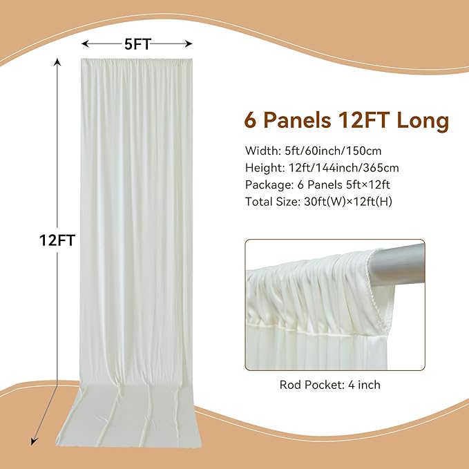 30×12ft Wrinkle Free Ivory Backdrop Curtain for Wedding Parties, 6 Panels 5×12ft Long Soft Silky Polyester Backdrop Drapes Cream Photo Back Drop Curtains for Party Photography Background Cloth