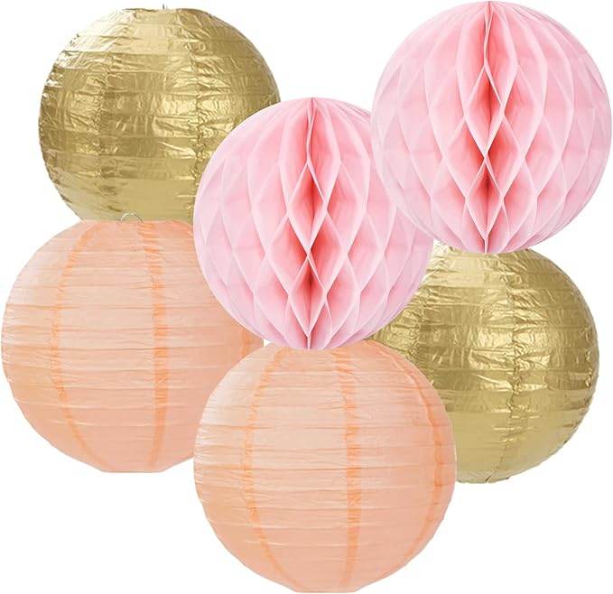 Pink Peach Gold Party Decorations - 14pcs Bridal Baby Shower Girls Birthday Paper Lanterns Fan,Tissue Pom Poms Streamers,Honeycomb Balls,Engagement Wedding Bachelorette Brunch Decor Lasting Surprise