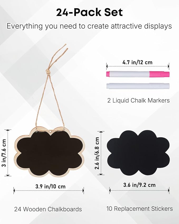 Uniclife 24 Pack Mini Chalkboard Signs for Food, Small Chalkboard Signs with Strings Chalk Markers & Replacement Stickers, Hanging Chalkboards Sign Reusable Wooden Food Labels for Party Buffet Wedding