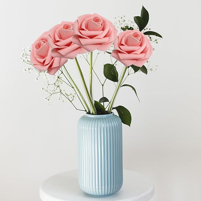 200PCS Artificial Flowers Pink Roses Real Looking Foam Fake Roses with Leaves for DIY Wedding Bouquets Bridal Shower Party Decorations (Pink, 200)