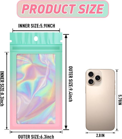 Funfery 100 Pack Gradient Holographic Bags,Mylar Resealable Bag with Zipper,Clear Window Packaging Pouch,Smell Proof Bags for Food Storage,Sample Jewelry Baggies(6.3x9.4In,Green Pink)