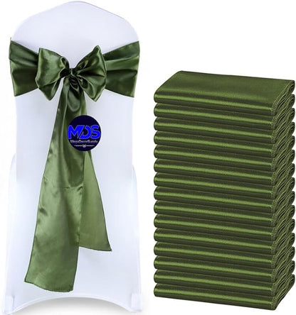 MDS Pack of 300 PCS Satin Chair Sashes Charmeuse Sateen Dining Chair Bows Ribbon Ties Back Sash for Wedding Party Birthday Home Hotel Restaurant Banquet Decoration (7 x 108 Inch, Olive Green)