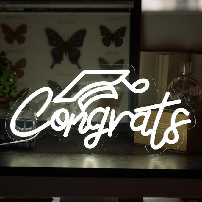 Congrats Grad Neon Sign for Backdrop wall decor，Dimmable USB Powered Light Up Letters for Dorm Walls，White Grad Gifts Sign for Graduation ClassRoom Party bedroom size:16.14 * 7.6 inch