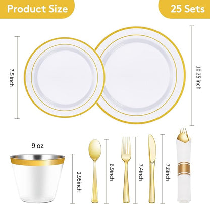 Goodluck 175 Piece Gold Plastic Dinnerware Set for 25 Guests, Fancy Disposable Plates for Party, Include: 25 Dinner Plates, 25 Dessert Plates, 25 Pre Rolled Napkins with Gold Silverware, 25 Cups