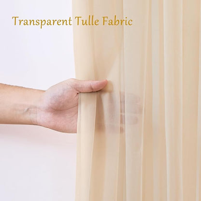 30×10ft Champagne Tulle Backdrop Curtain with Lights String for Parites, Sheer Photo Backdrop Curtains for Wedding Party Photography Background